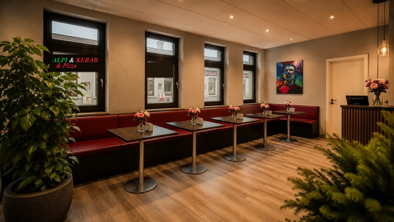Gastraum von Alpi & Kebab & Pizza mit roten Sitzbänken und Tischen