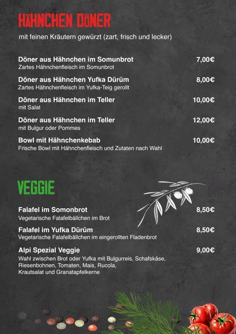 Original-Speisekarte, Seite 3: Hähnchen Döner & Veggie