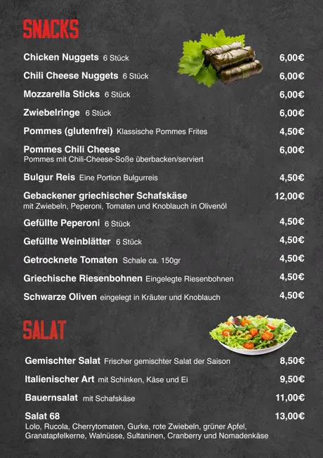 Original-Speisekarte, Seite 5: Snacks & Salate