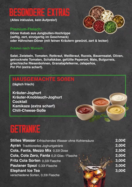 Original-Speisekarte, Seite 6: Extras, Soßen & Getränke