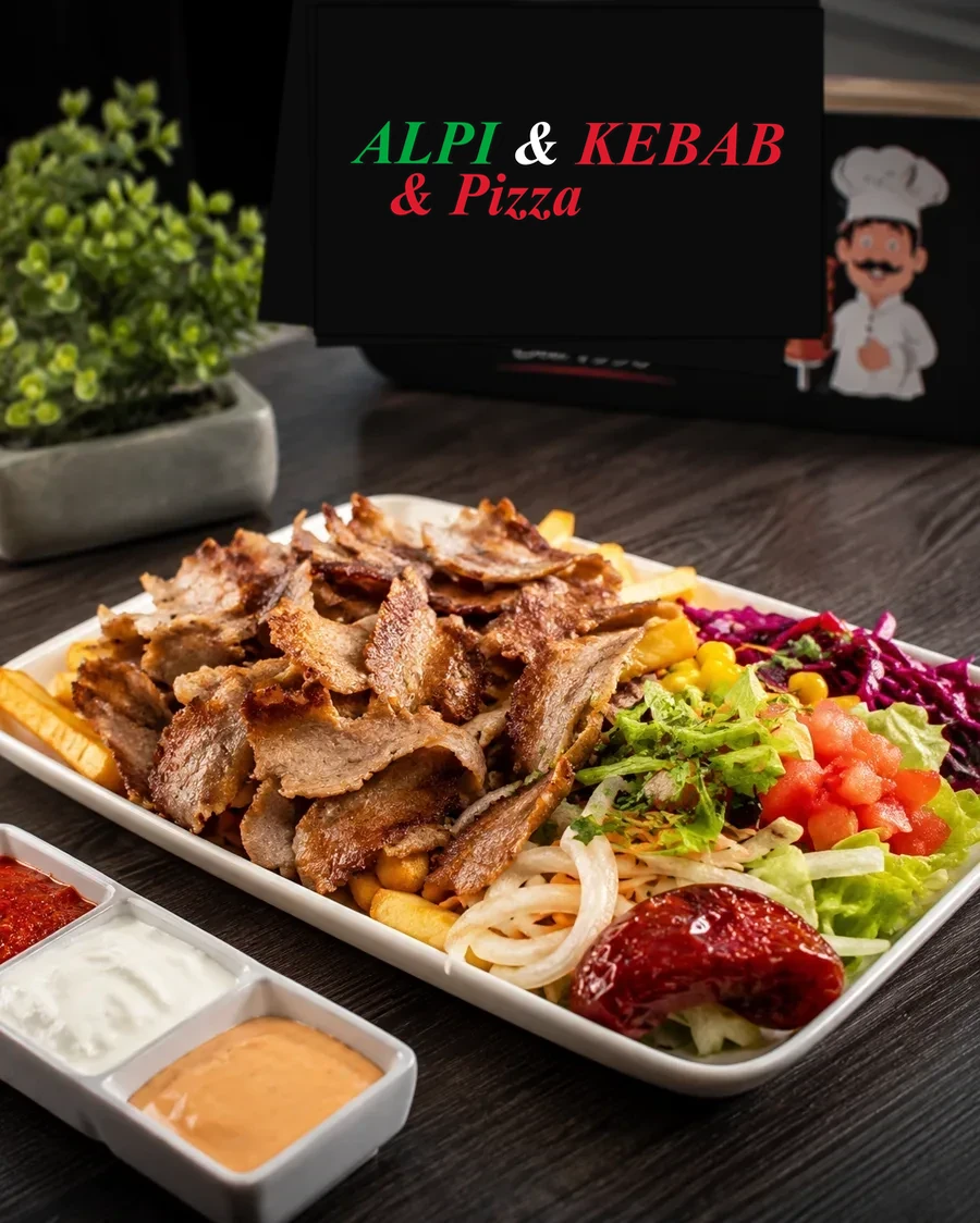Döner-Teller mit Jungbullen-Fleisch, Salat und hausgemachten Soßen