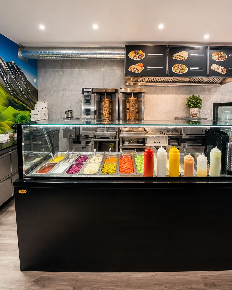 Frische Theke mit Salaten, Soßen und den Dönerspießen